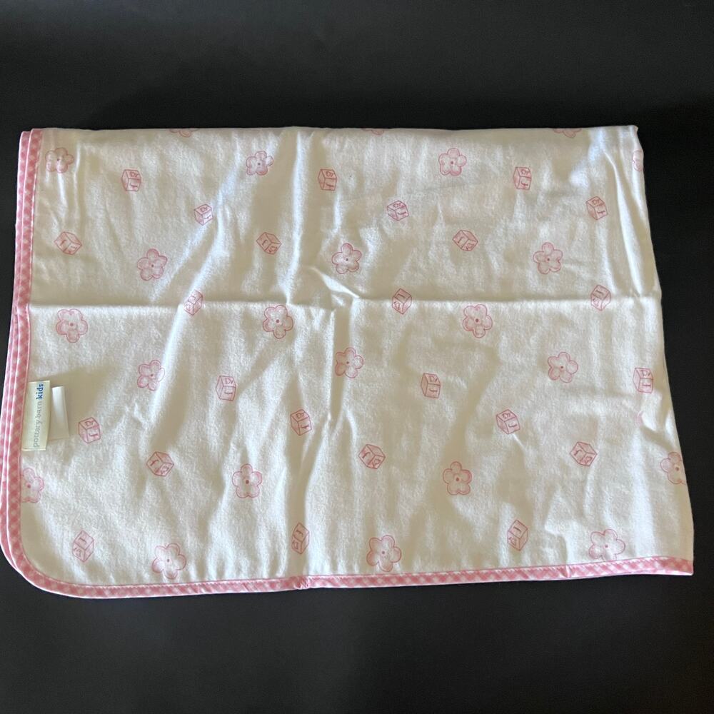 Pottery Barn Kids Blanket Cotton White Pink Gingham Trim Flowers Blocks 25x36" - Picture 4 of 8